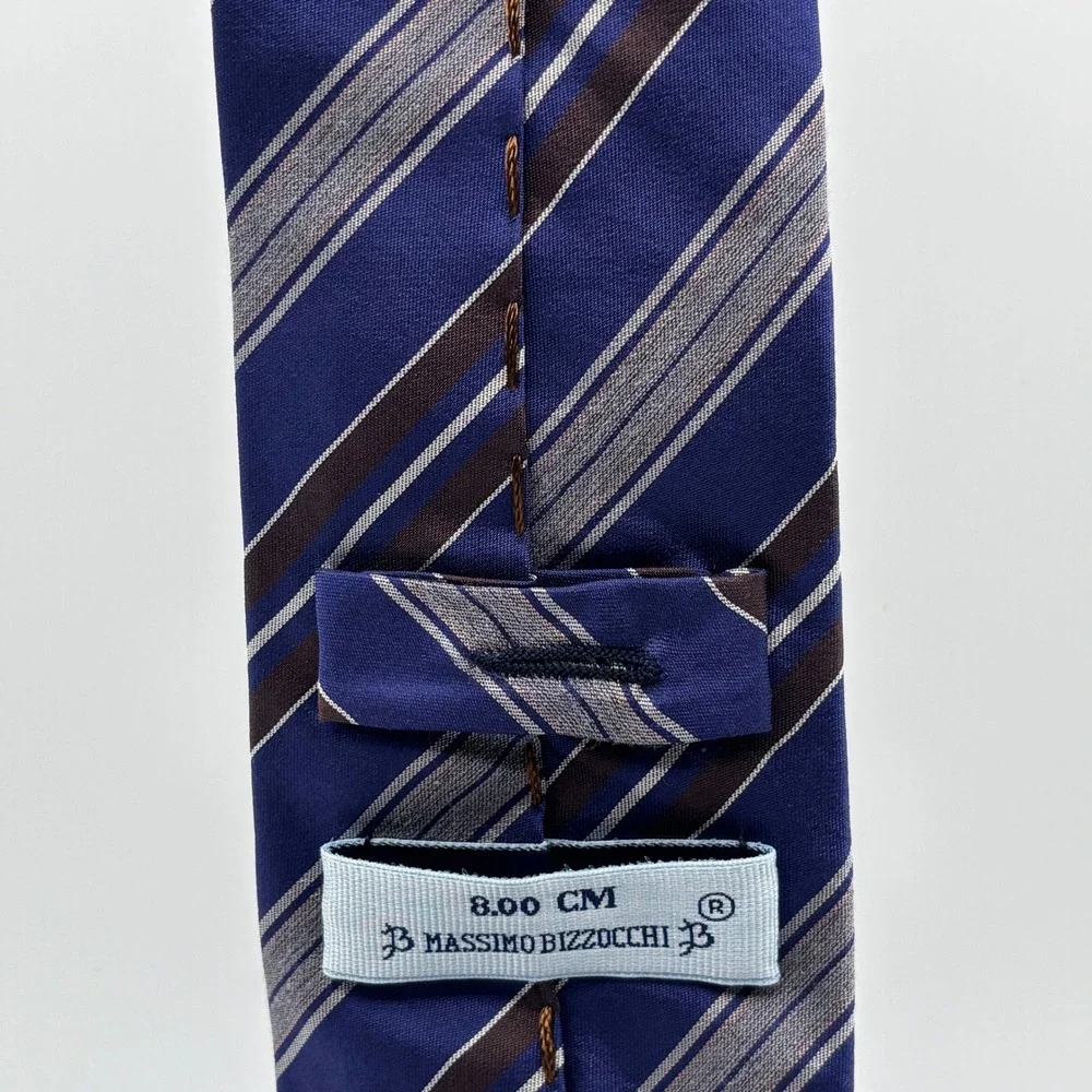 Massimo Bizzocchi Necktie Mens 3.15in Blue Brown Striped‎ Silk Made in Italy